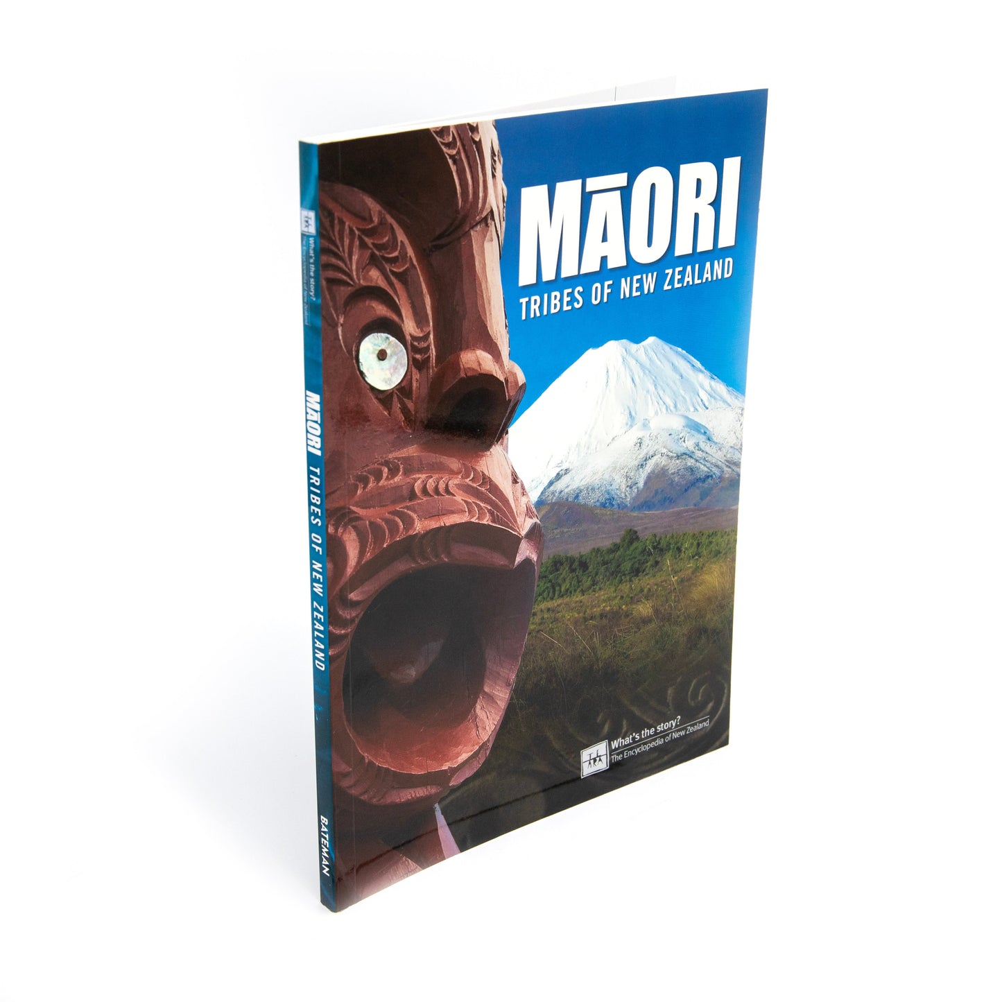 A hardcover book titled 'MēORI Tribes of New Zealand' standing upright at a slight angle. The cover features a large carved wooden face in the foreground, a snow-capped mountain, and green landscape under a blue sky.